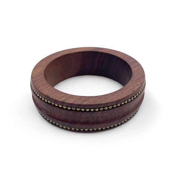 Dark Wood Bangle with Brass Bead Rows - Rustic Bohemian Bracelet - Picture 1 of 4